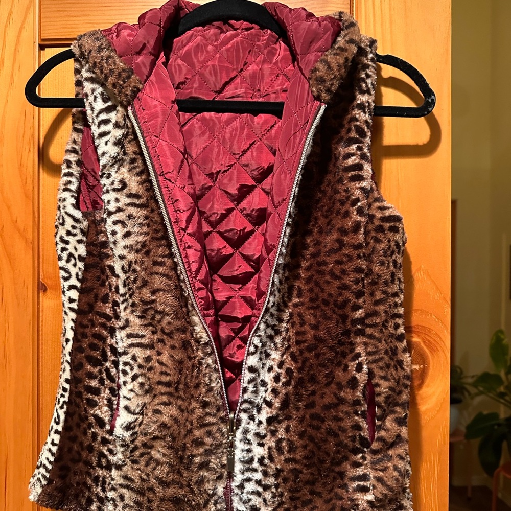 Leopard Print Faux Fur Vest with Burgundy Lining